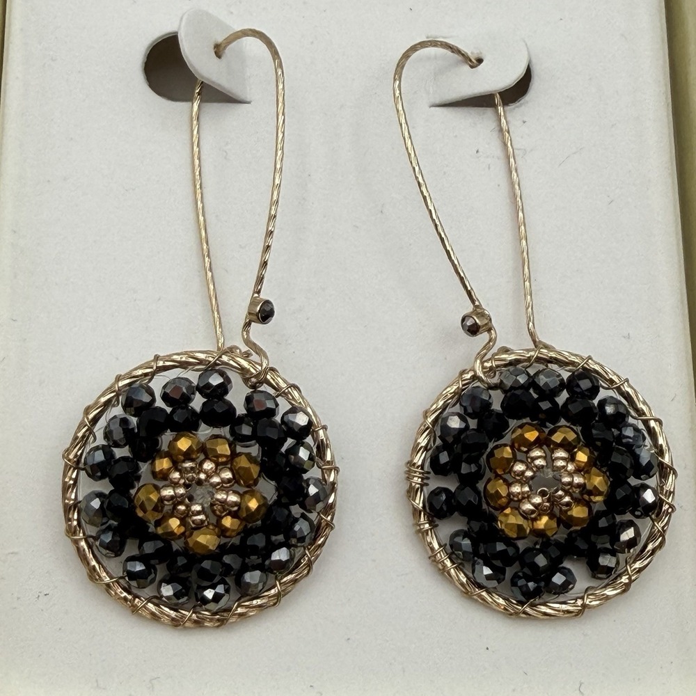 Bella Jack Beaded Dangle Earrings‎ Long Gold Tone Wire Black Amber Beads New